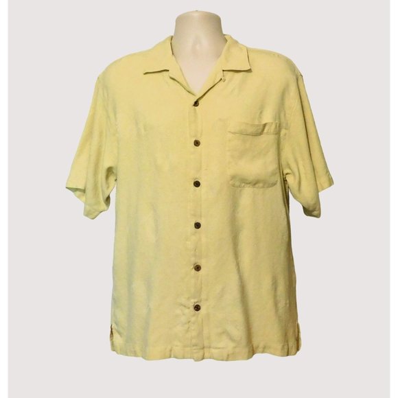 Tommy Bahama Tropical Shirt Mens L Yellow Cocktail Drink Vacation Wear Silk - Picture 1 of 6